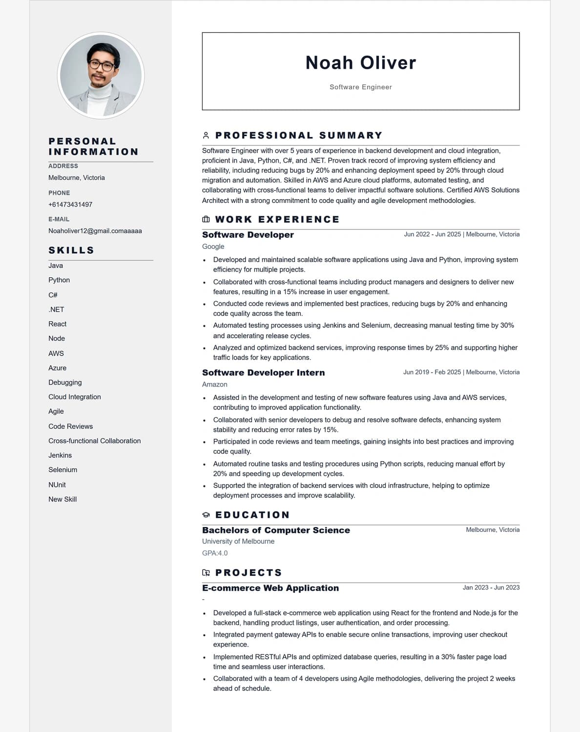 Noah Oliver resume preview using the Verona template