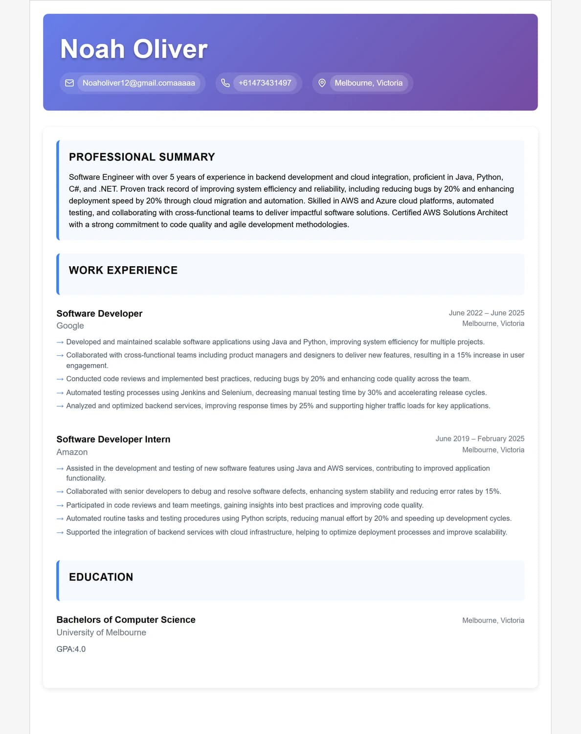 Noah Oliver resume preview using the Vibrant template