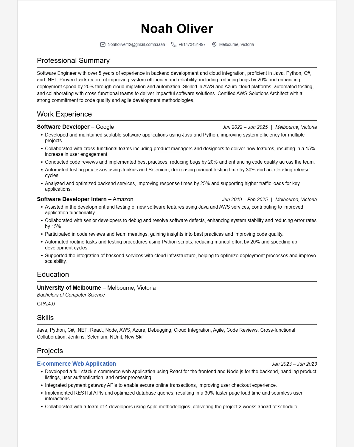 Noah Oliver resume preview